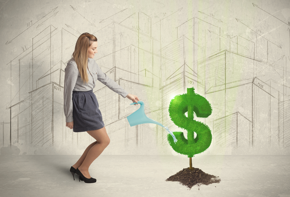 Business woman poring water on dollar tree sign concept on city background-1